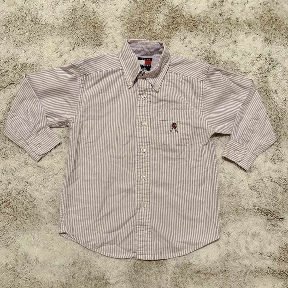 Tommy Hilfiger Lavender And White Pin Strip Button Up Youth Boys Size 4